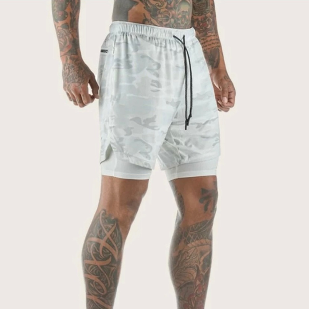 Camo drawstring waist 2 in 1 athletic shorts